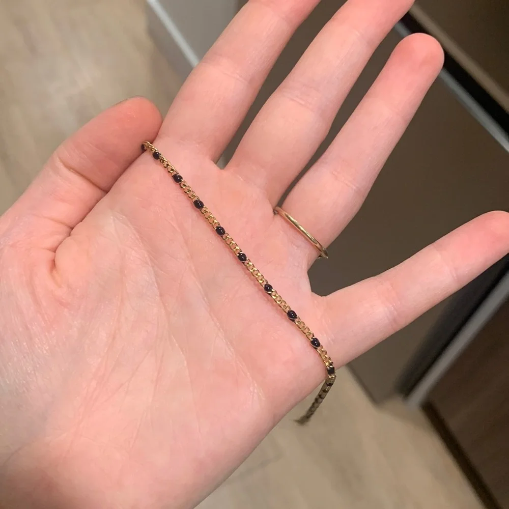 Dainty gold and black beaded look adjustable anklet delicate jeweled chain - Picture 2 of 3